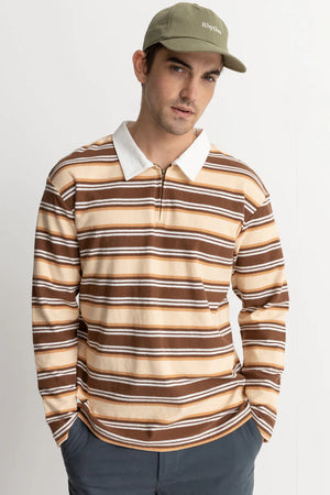 Rhythm Vintage Stripe Polo LS T-Shirt Chocolate