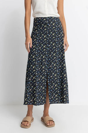 Rhythm Fleur Floral Button Front Maxi Skirt Black SantoLoco Hawaii