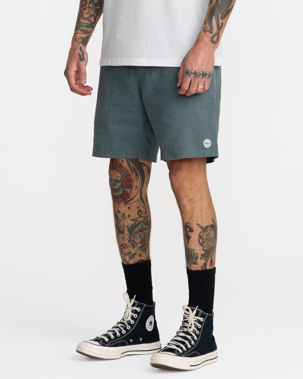 RVCA Sands Elastic 17 Short Balsam Green on model side