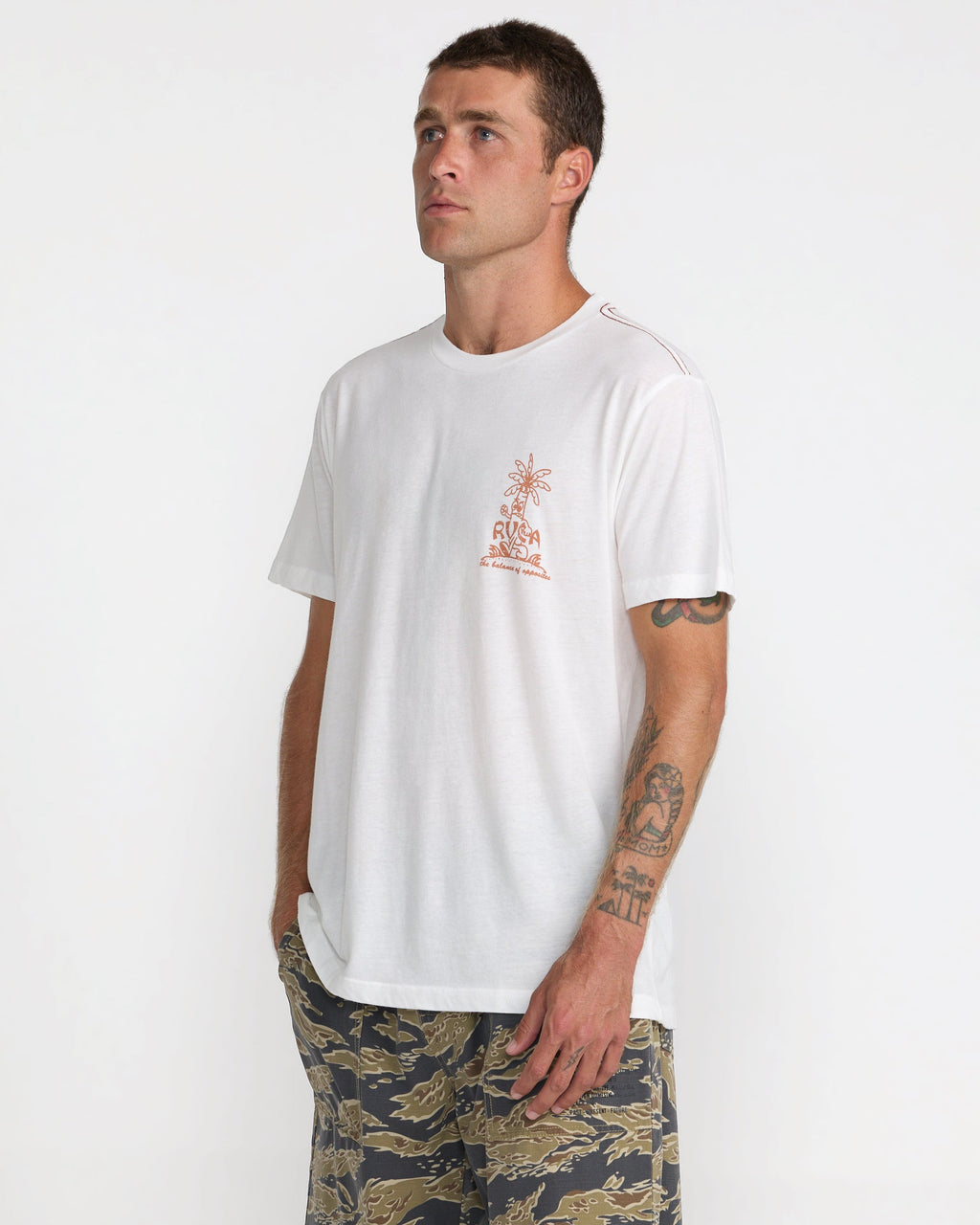 RVCA Mad Local SS Tee Antique White on model side
