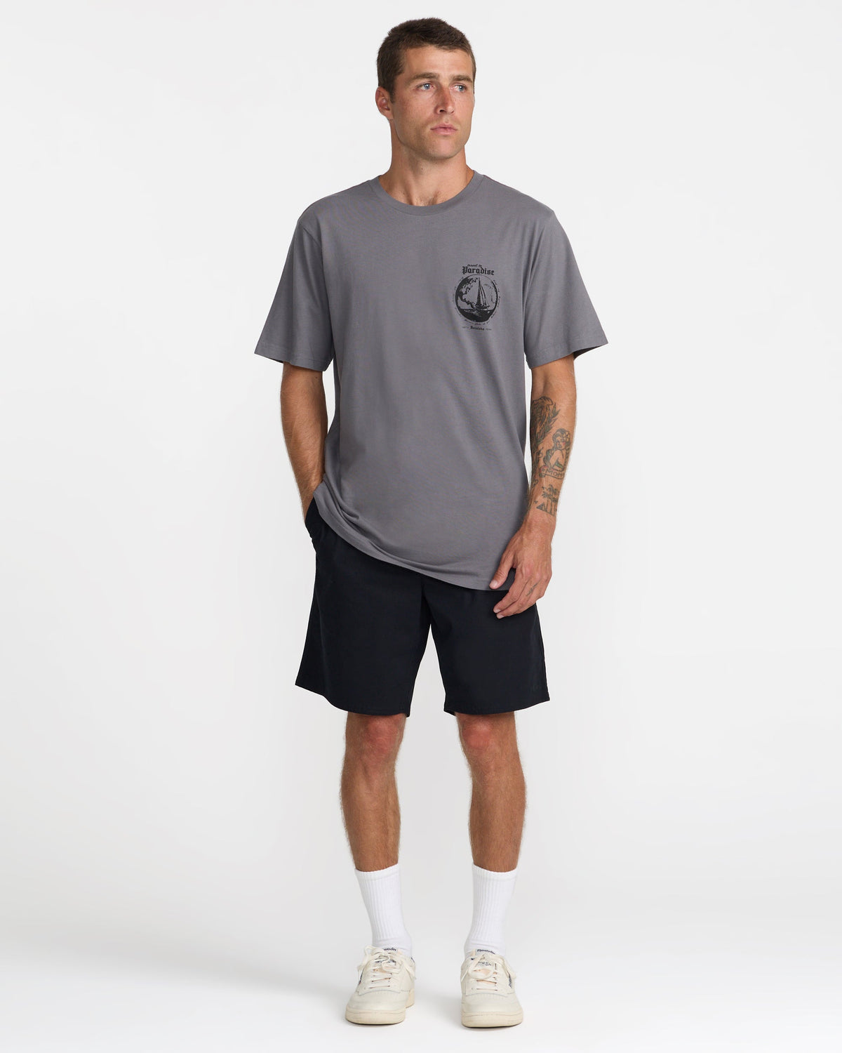 RVCA Endless Journey SS Tee Smoke on model