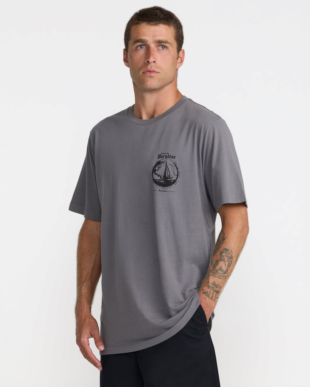 RVCA Endless Journey SS Tee Smoke on model side