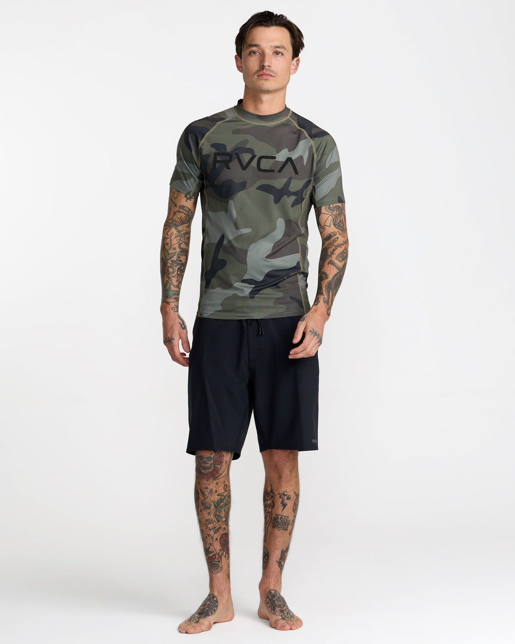 RVCA Short Sleeve Rashguard Camo on model