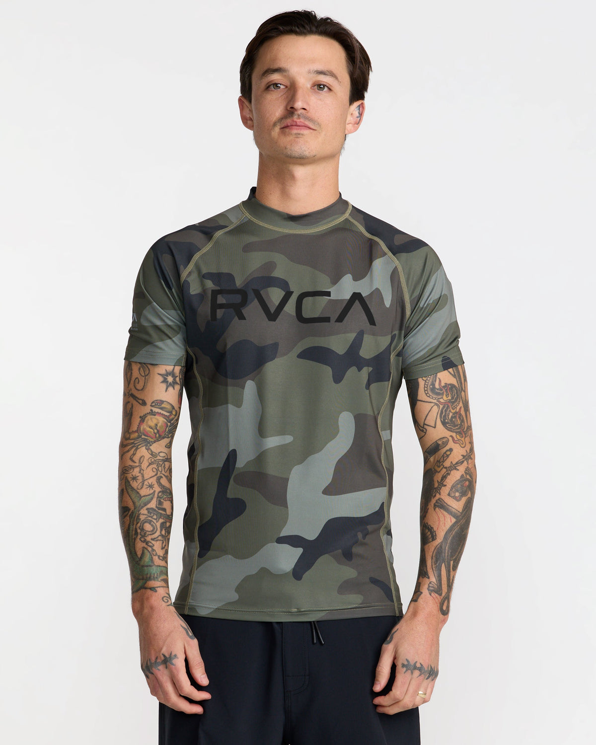 RVCA Short Sleeve Rashguard Camo on model front