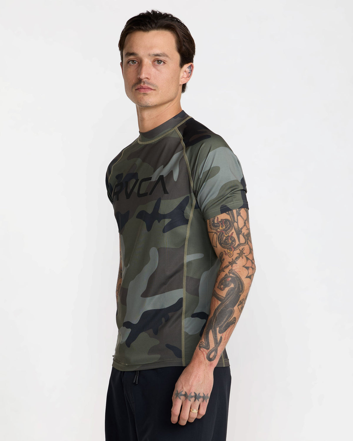 RVCA Short Sleeve Rashguard Camo on model side