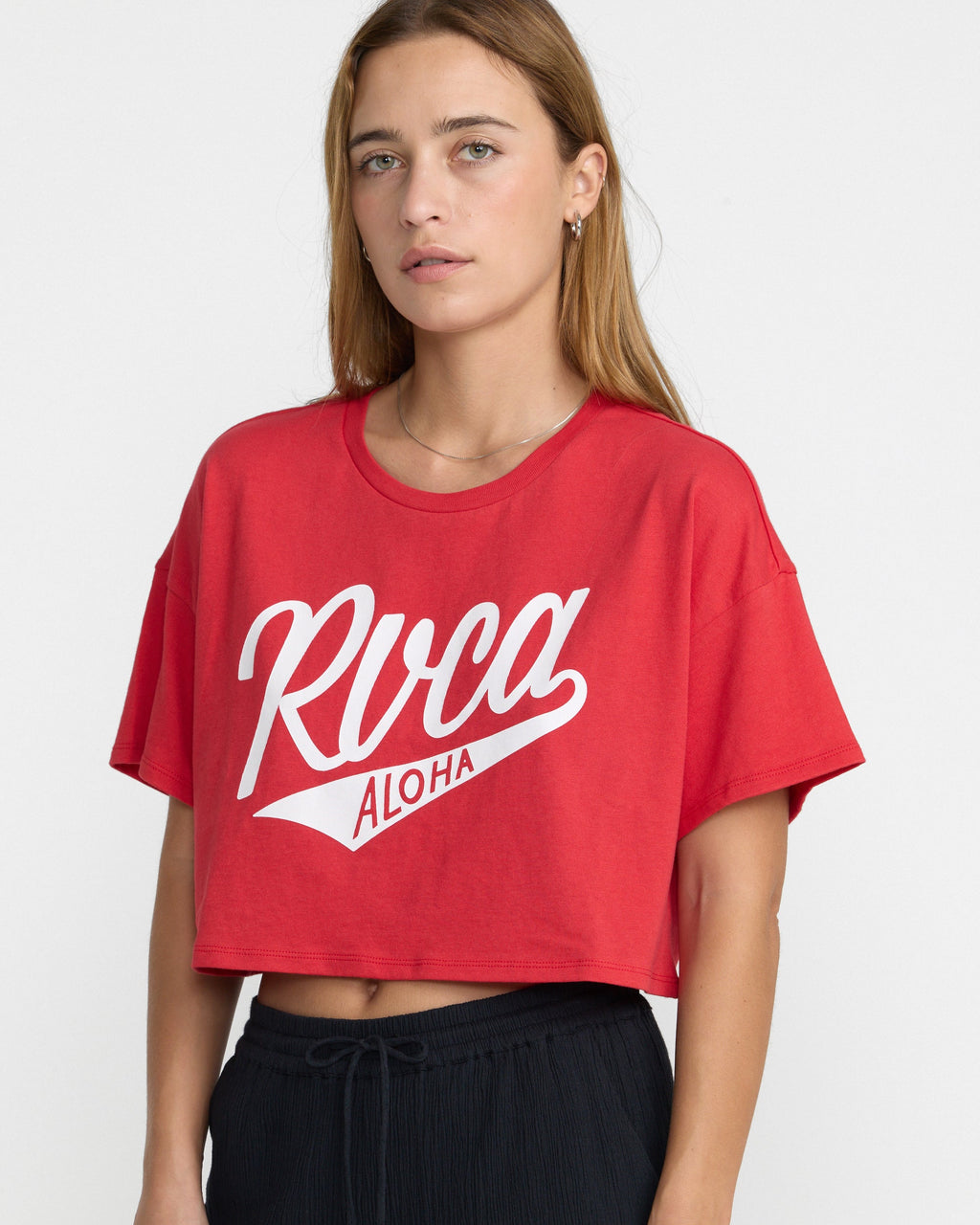 RVCA Game Day Boxy Crop Tee Baja Red on model