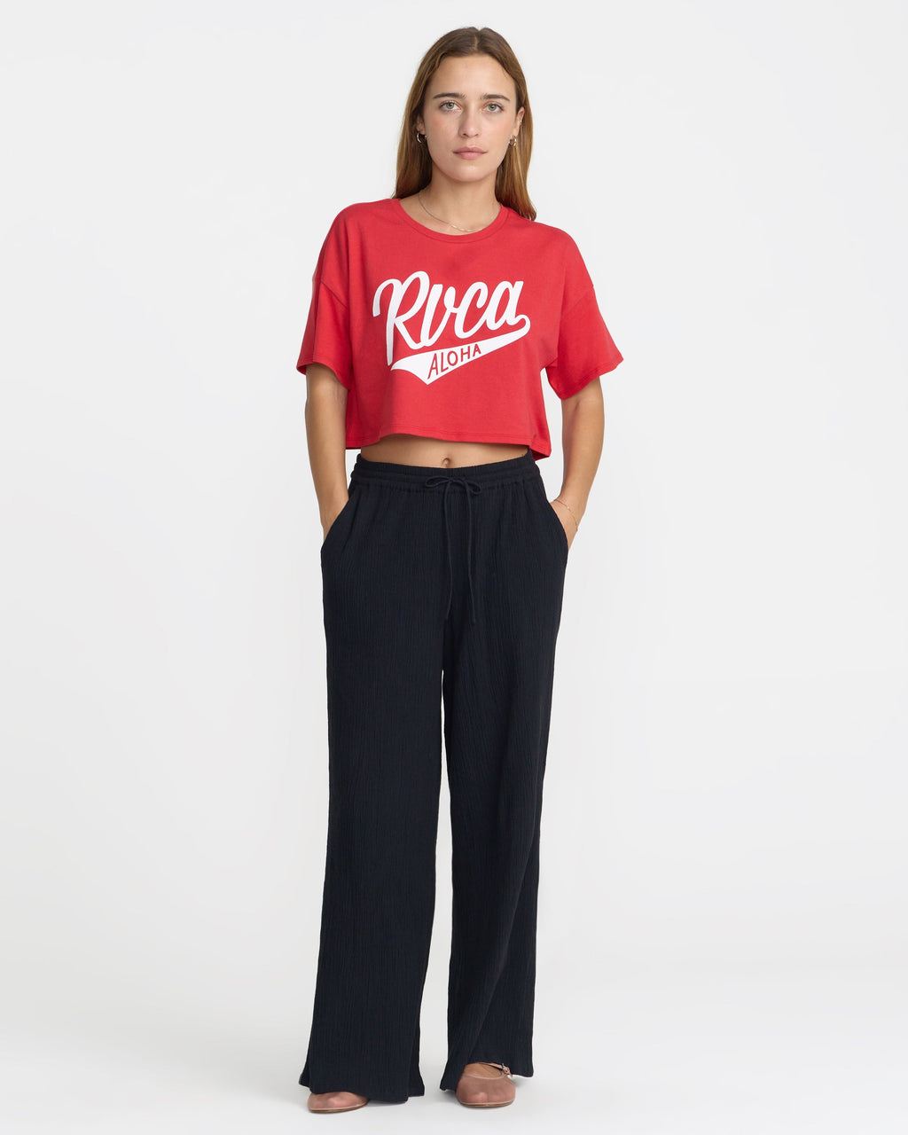 RVCA Game Day Boxy Crop Tee Baja Red on model