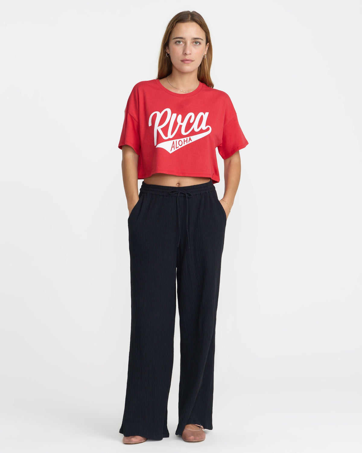 RVCA Game Day Boxy Crop Tee Baja Red on model