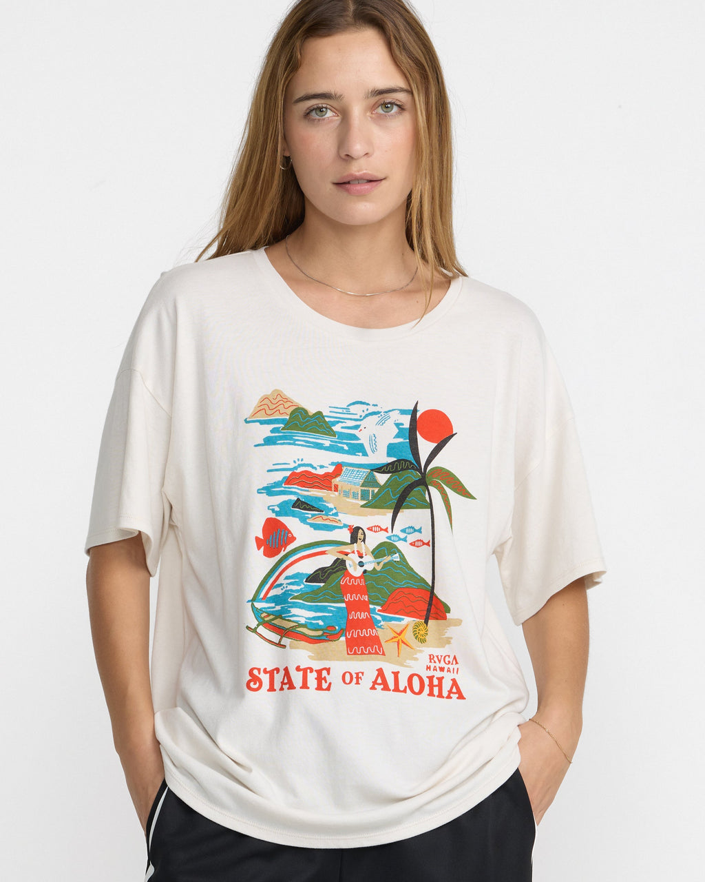 RVCA Visitor Oversized Tee Cloud on model
