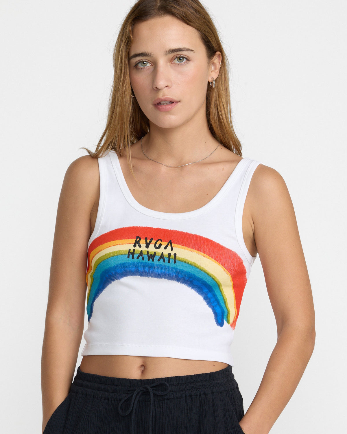 RVCA Rainbow Spray Scoop Tank Whisper White on model