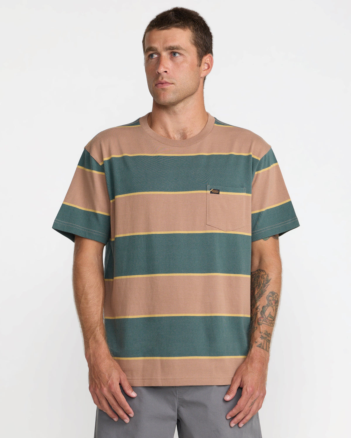 RVCA Dayshift Stripe SS Tee Sonora Brown on model front