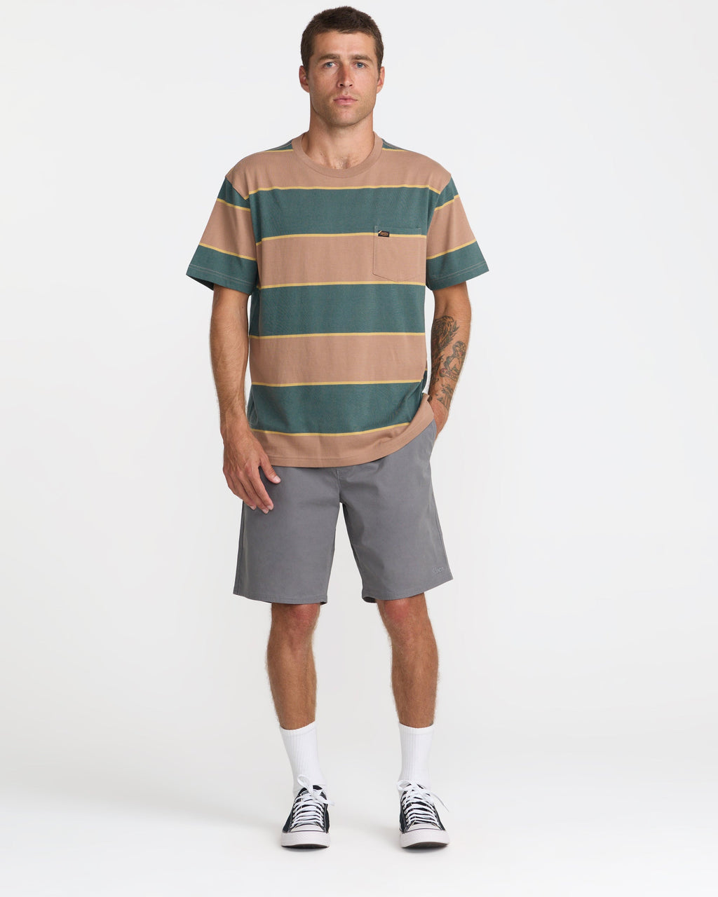 RVCA Dayshift Stripe SS Tee Sonora Brown on model