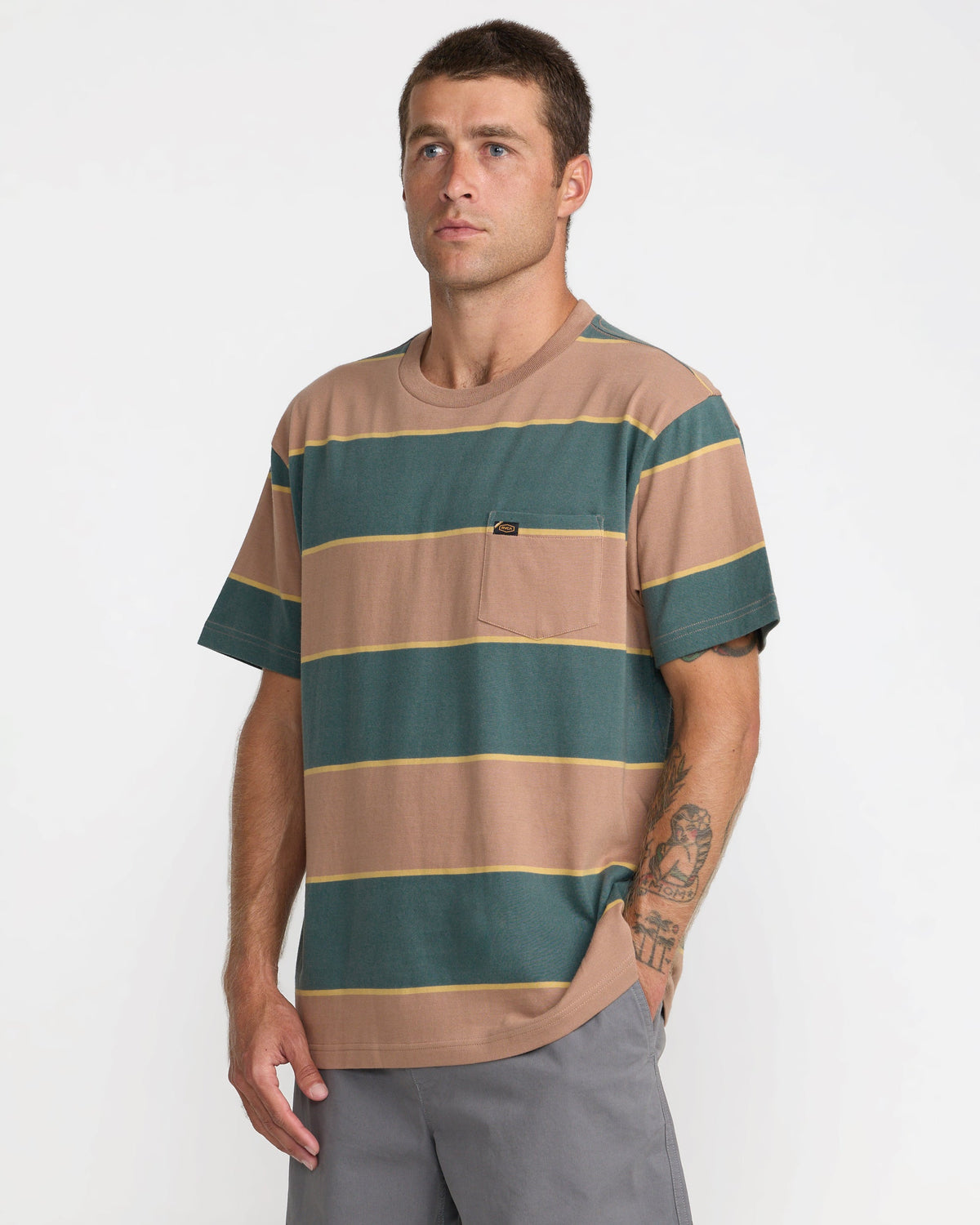 RVCA Dayshift Stripe SS Tee Sonora Brown on model side