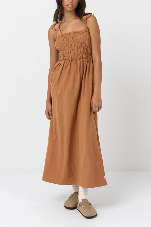 Rhythm Classic Shirred Midi Dress Caramel