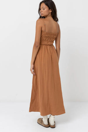 brown shirred midi dress Naura Shirred Tiered Midi Dress - Cognac Floral