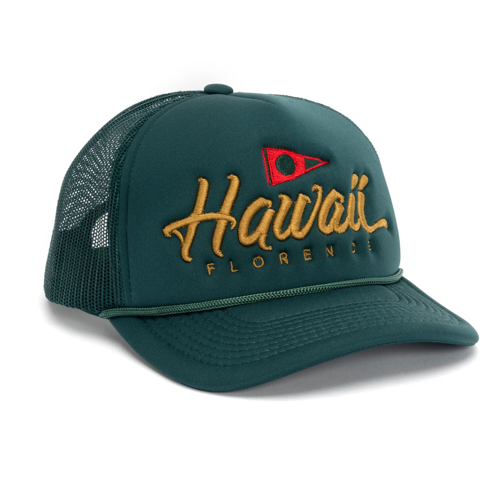 Florence Island Script Trucker Hat Dark Emerald