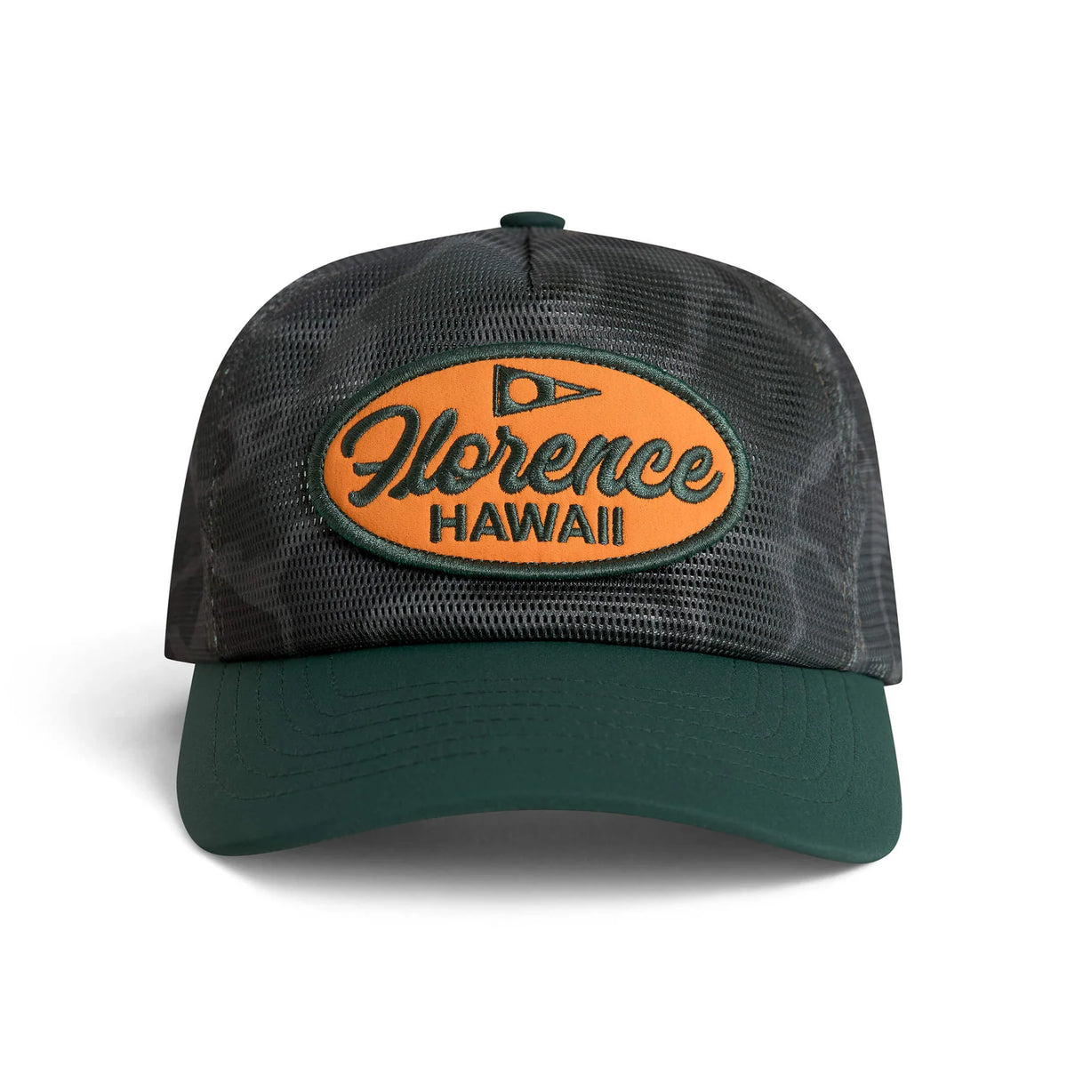 Florence Hawaii Mesh Trucker Hat Burnt Olive Camo
