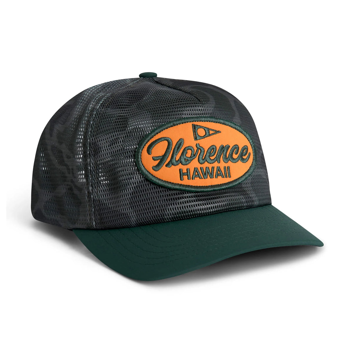 Florence Hawaii Mesh Trucker Hat Burnt Olive Camo