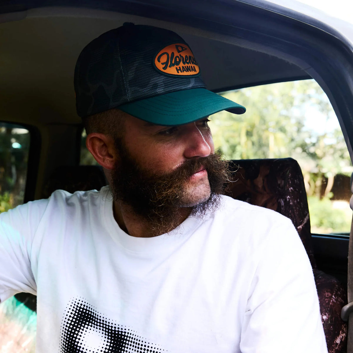 Florence Hawaii Mesh Trucker Hat Burnt Olive Camo