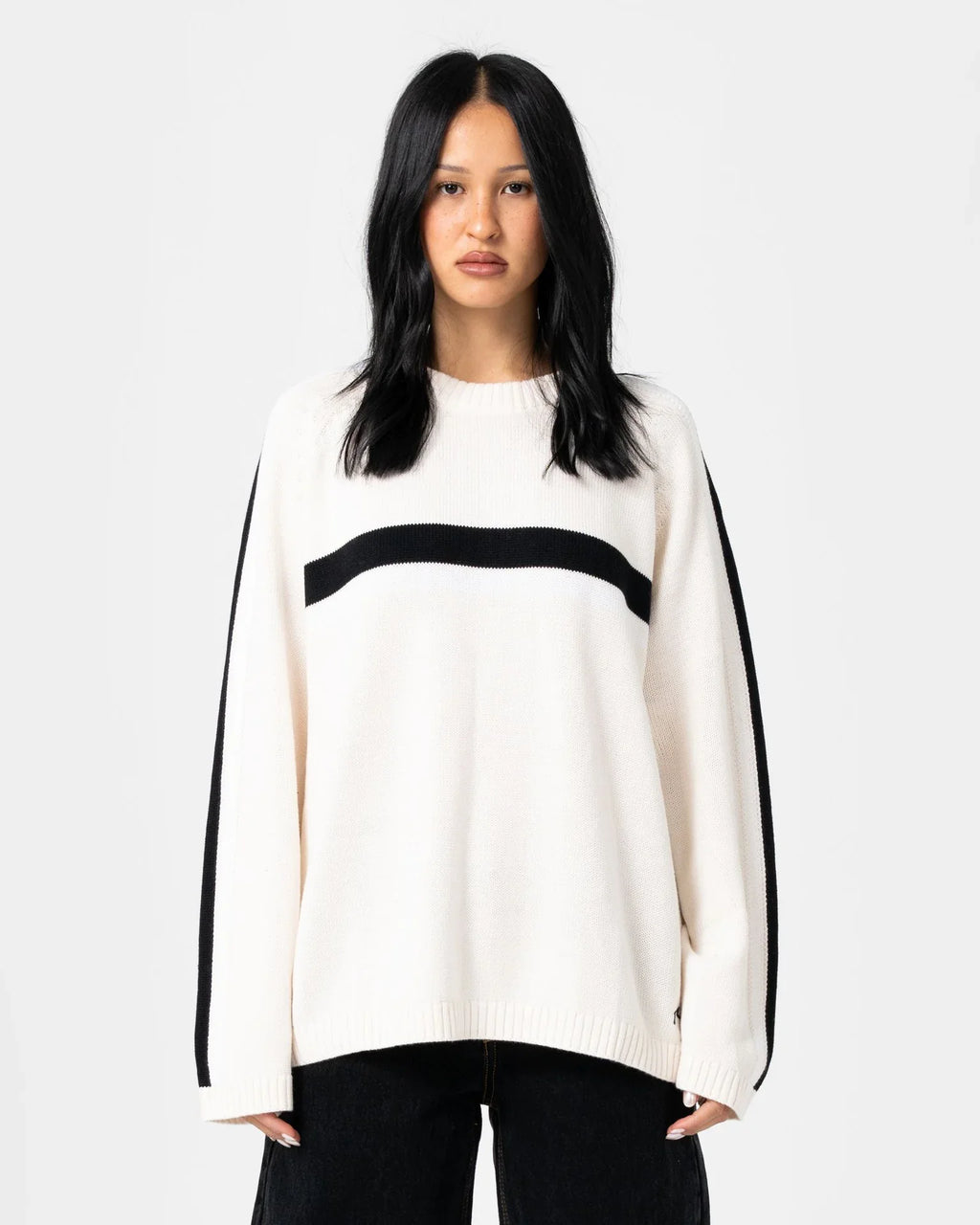 Rusty White Lines Long Sleeve Crew Neck Knit Cream/Black
