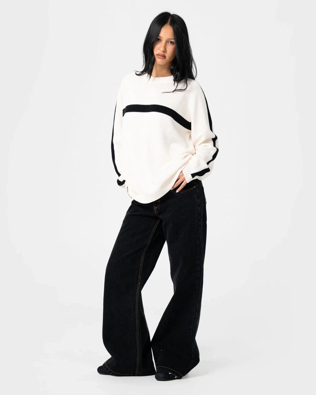 Rusty White Lines Long Sleeve Crew Neck Knit Cream/Black