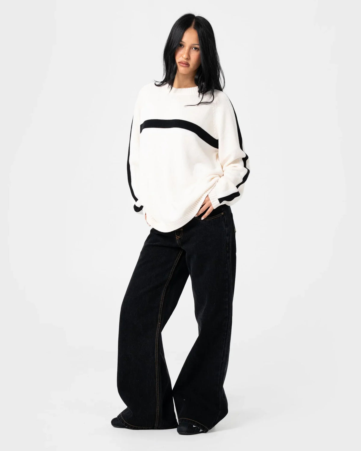 Rusty White Lines Long Sleeve Crew Neck Knit Cream/Black