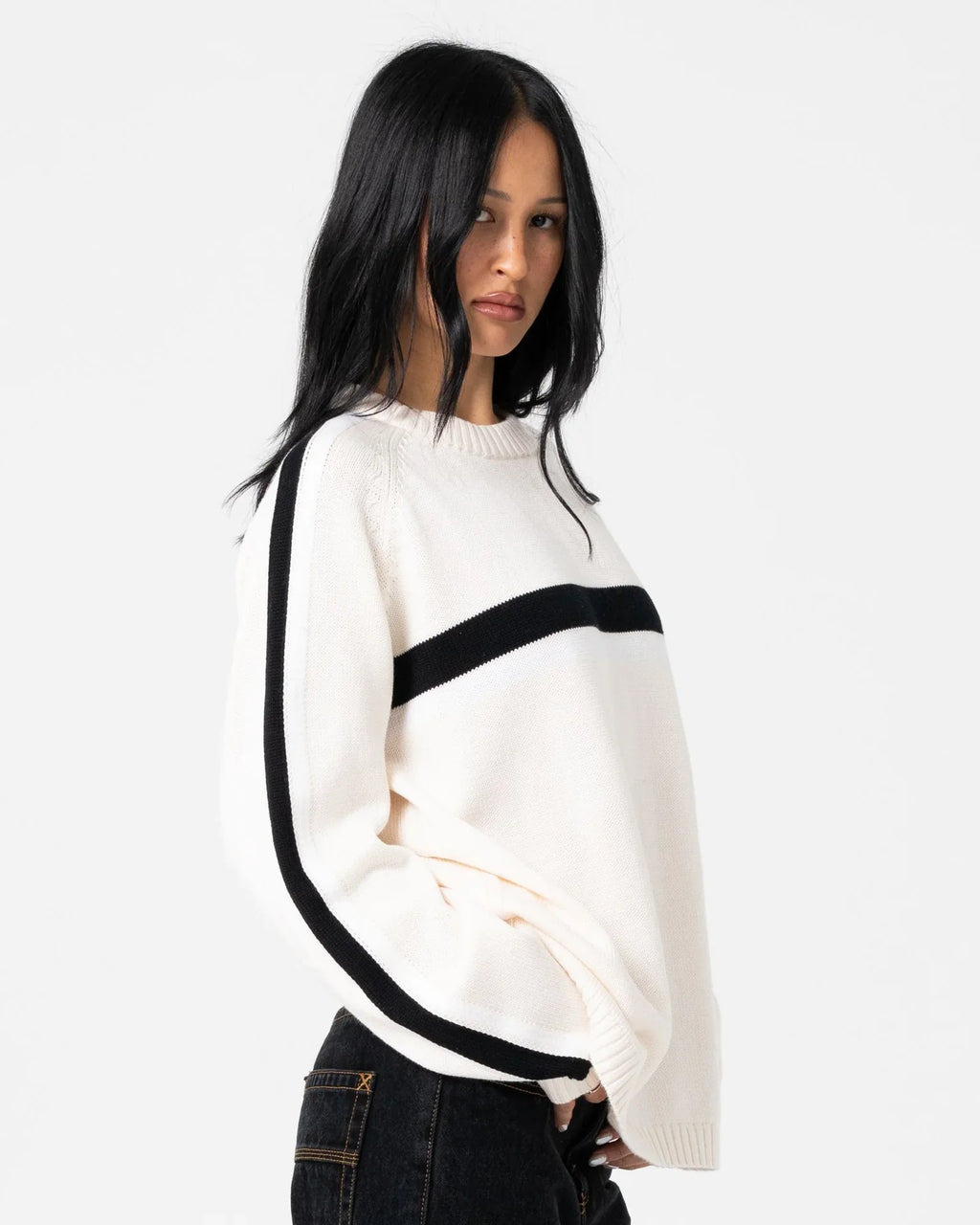 Rusty White Lines Long Sleeve Crew Neck Knit Cream/Black
