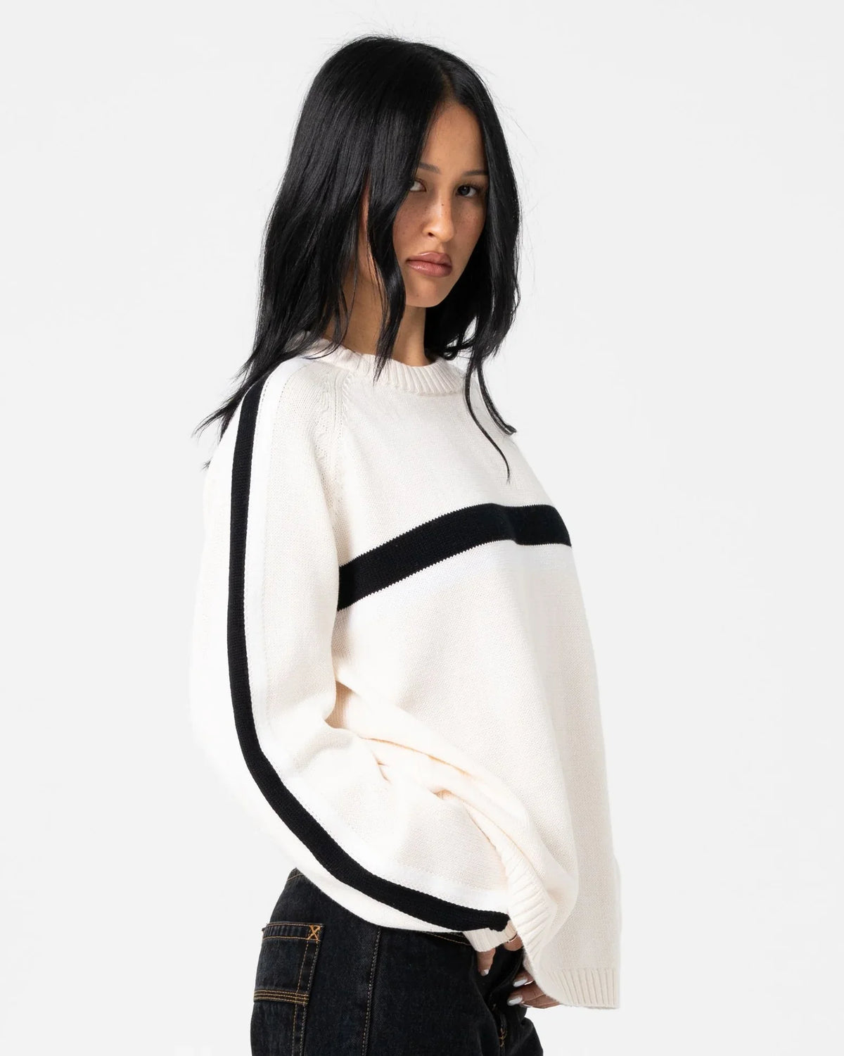 Rusty White Lines Long Sleeve Crew Neck Knit Cream/Black
