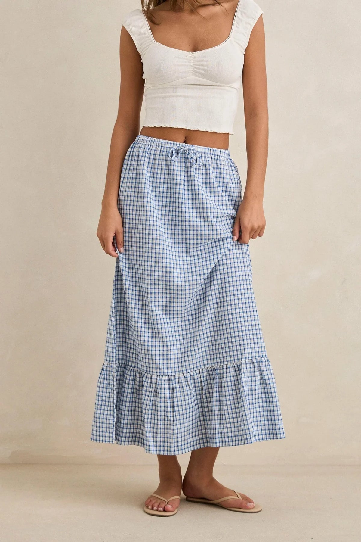 Rhythm - Lola Check Tiered Maxi Skirt Blue