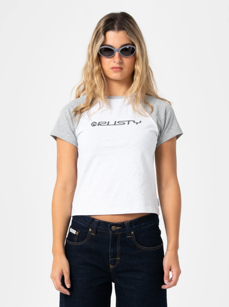 Rusty Archived Raglan Baby Tee Ecru Marle Grey