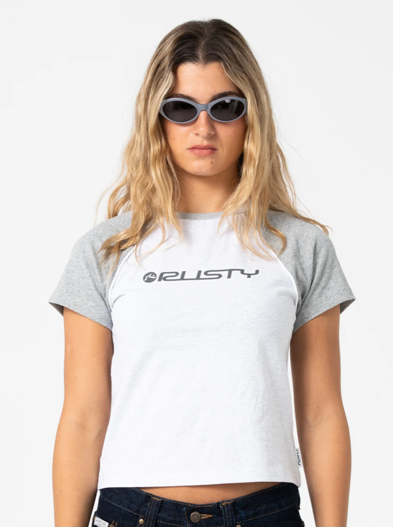 Rusty Archived Raglan Baby Tee Ecru Marle Grey