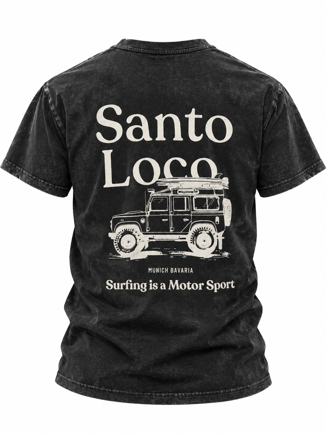 SantoLoco Munich Surfing is a Motorsport T-Shirt Dark Wash
