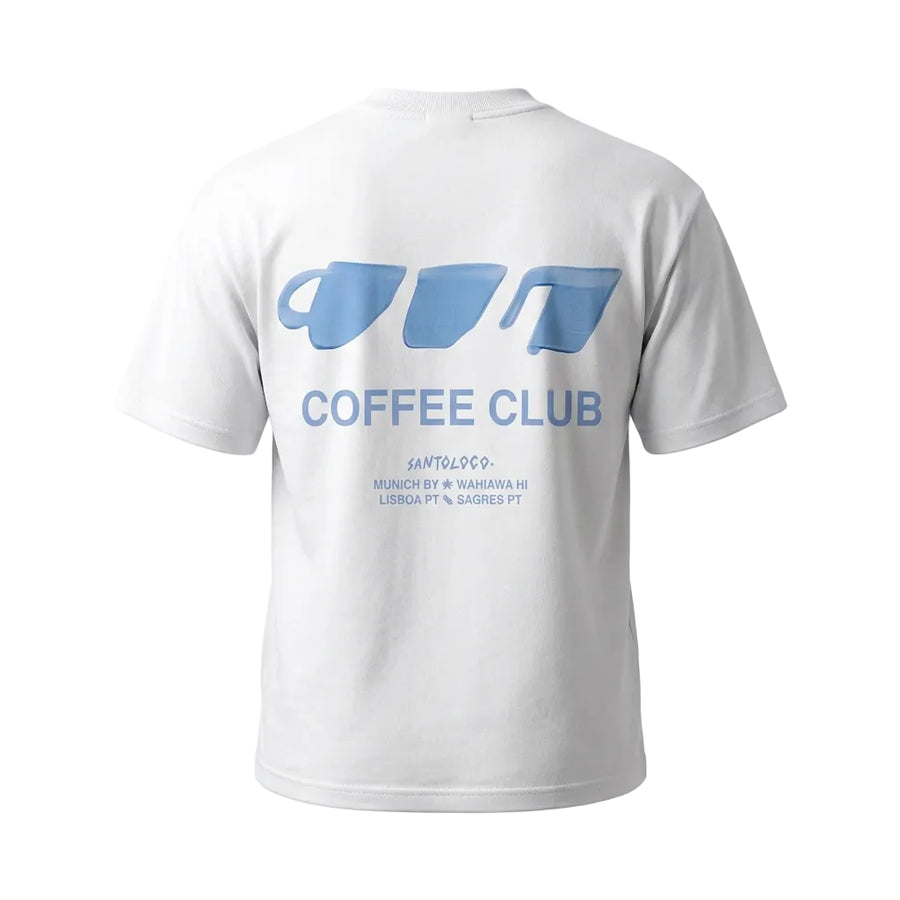 White t-shirt with blue 'Coffee Club' design on a white background