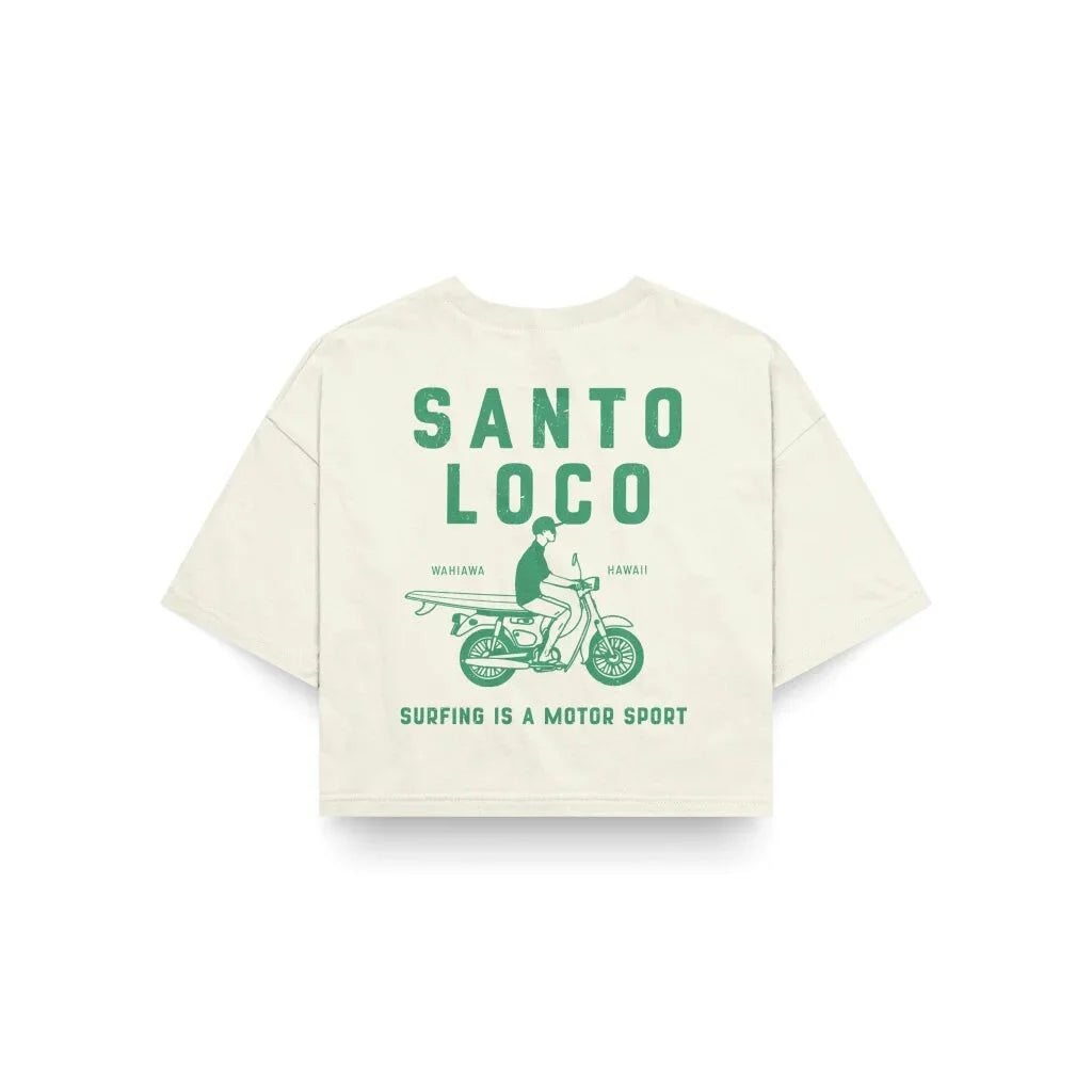 SantoLoco Women's Wahiawa Surfing is a Motorsport Crop Off White