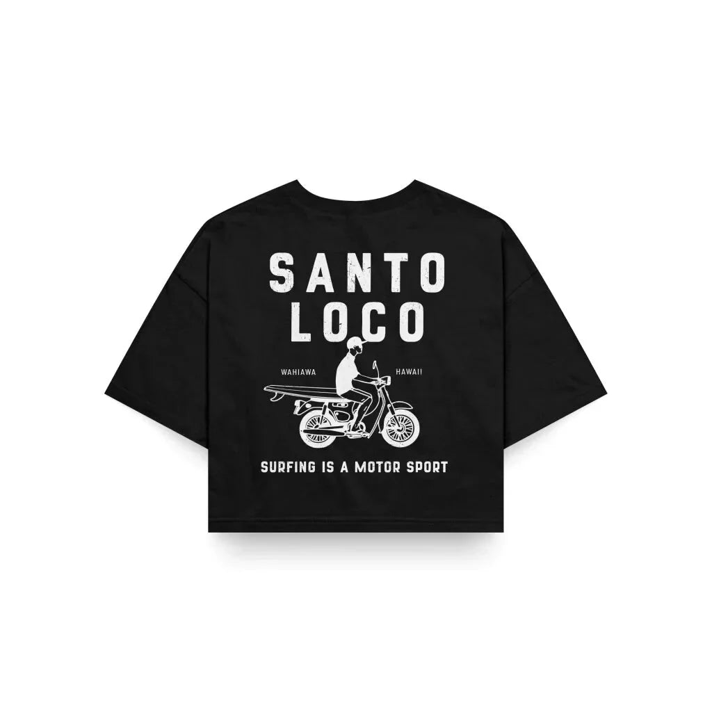 SantoLoco Women's Wahiawa Surfing is a Motorsport Crop Black