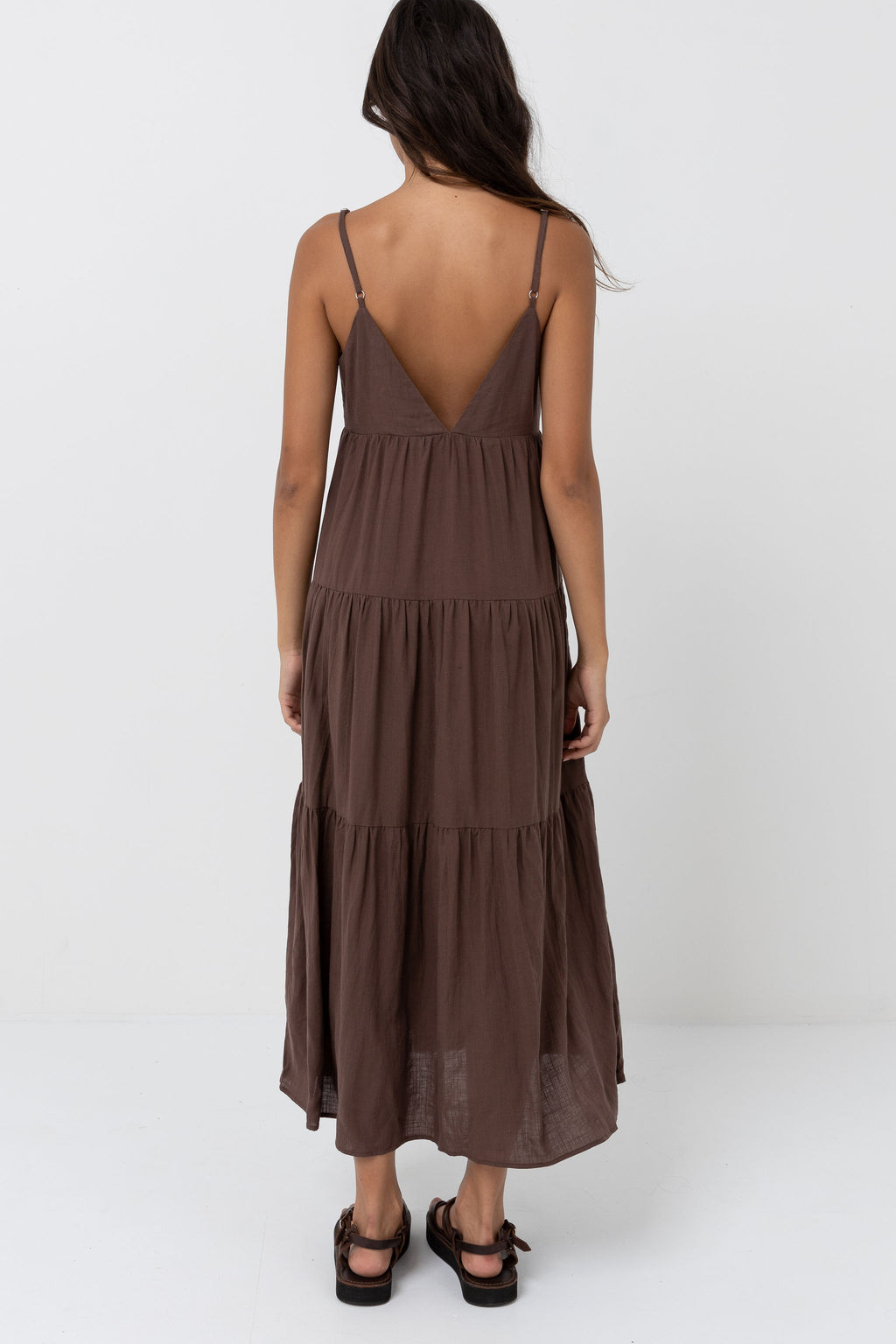 Rhythm Classic Tiered Midi Dress Chocolate