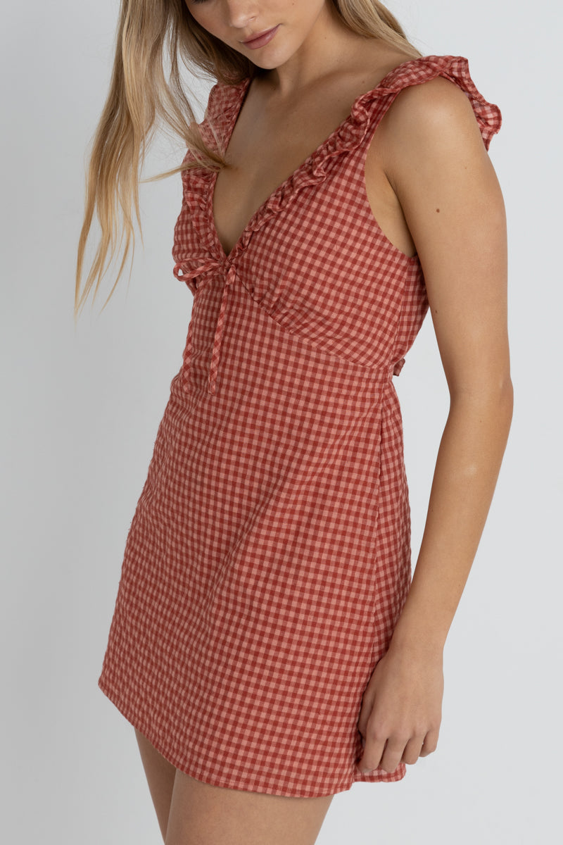 Rhythm Lola Check Ruffle Mini Dress Red