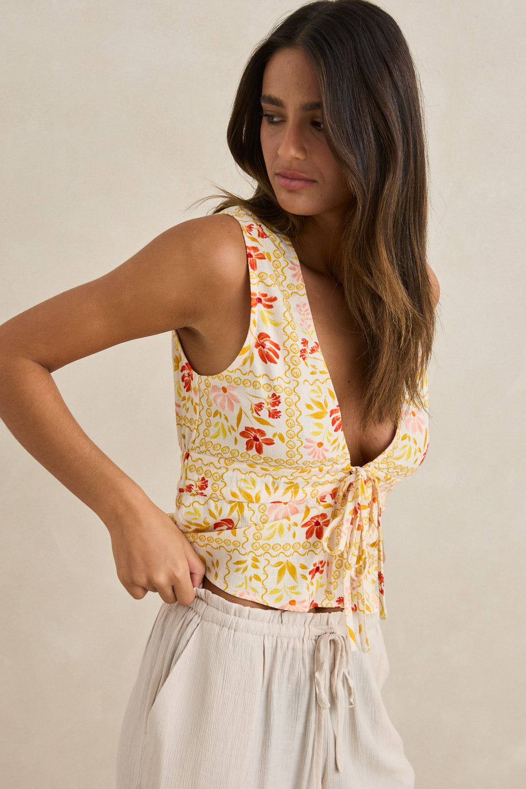 Rhythm Wildflower Tie Front Top White