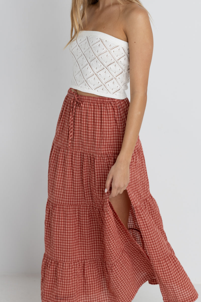 Rhythm Lola Check Tiered Maxi Skirt Red