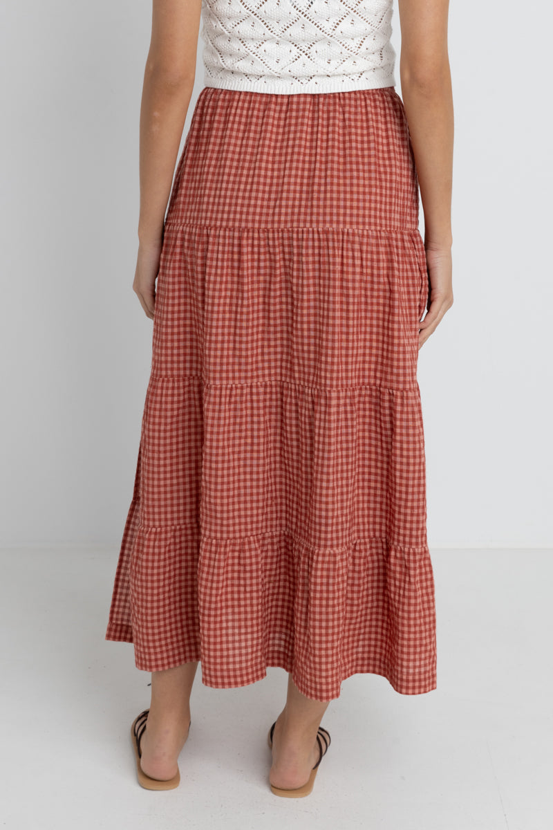 Rhythm Lola Check Tiered Maxi Skirt Red