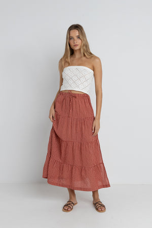 Rhythm Lola Check Tiered Maxi Skirt Red