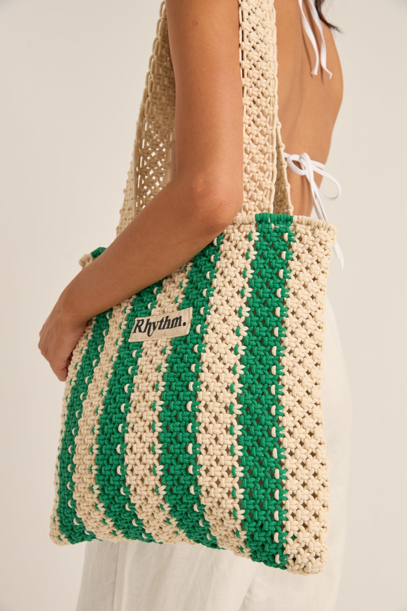 Rhythm Dinero Stripe Crochet Tote Bag Green