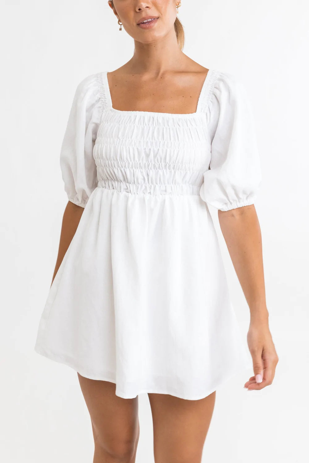 Rhythm Saskia Smocked Mini Dress White