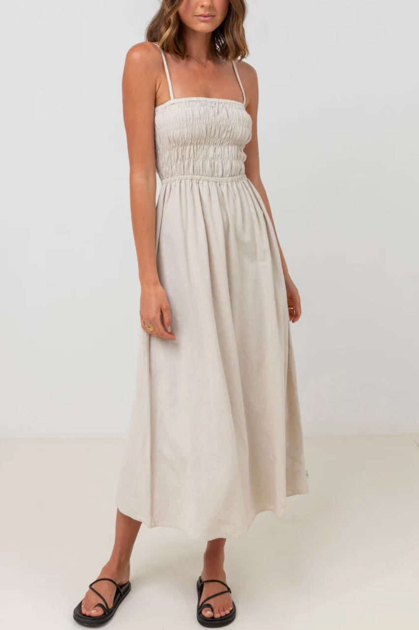 Rhythm Classic Shirred Midi Dress Oat SantoLoco Hawaii Rhythm Classic Shirred Midi Dress Oat SantoLoco Hawaii