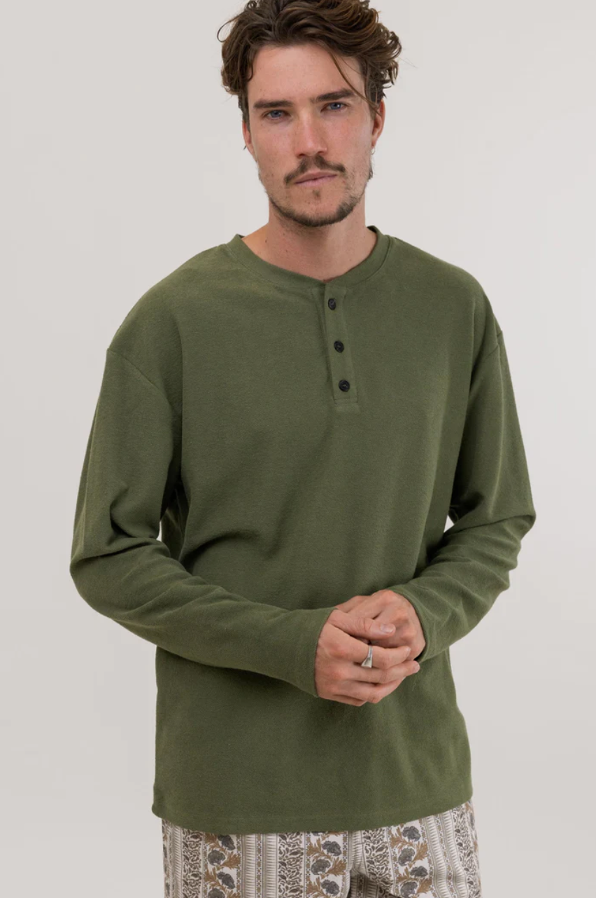 Rhythm Vintage Terry LS Henley Olive